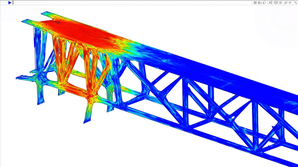 Fatigue analysis visualization showing cyclic stress distribution on a structural truss component