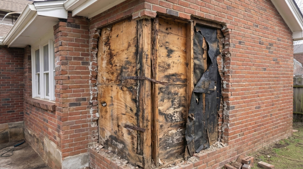 Exterior brick wall opening with removed cladding and exposed wood sheathing