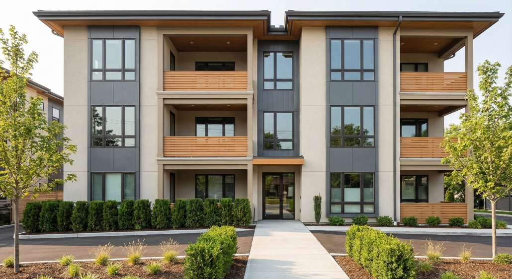 Modern multi-family apartment building with balconies and landscaped entry walkway