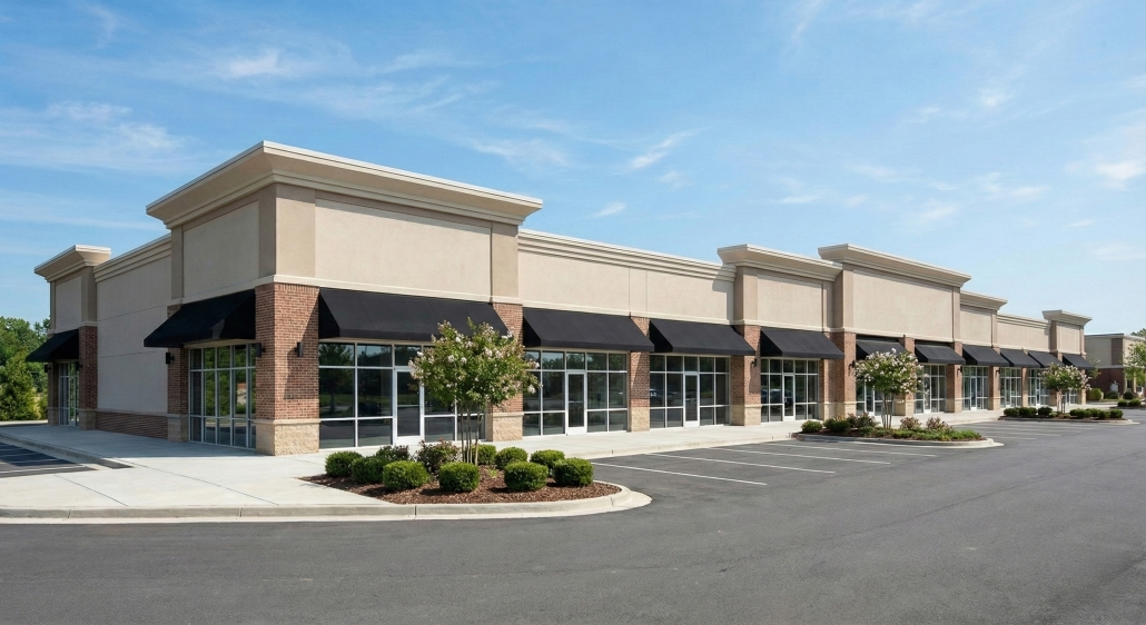 Single-story commercial strip mall with multiple retail storefronts and parking area